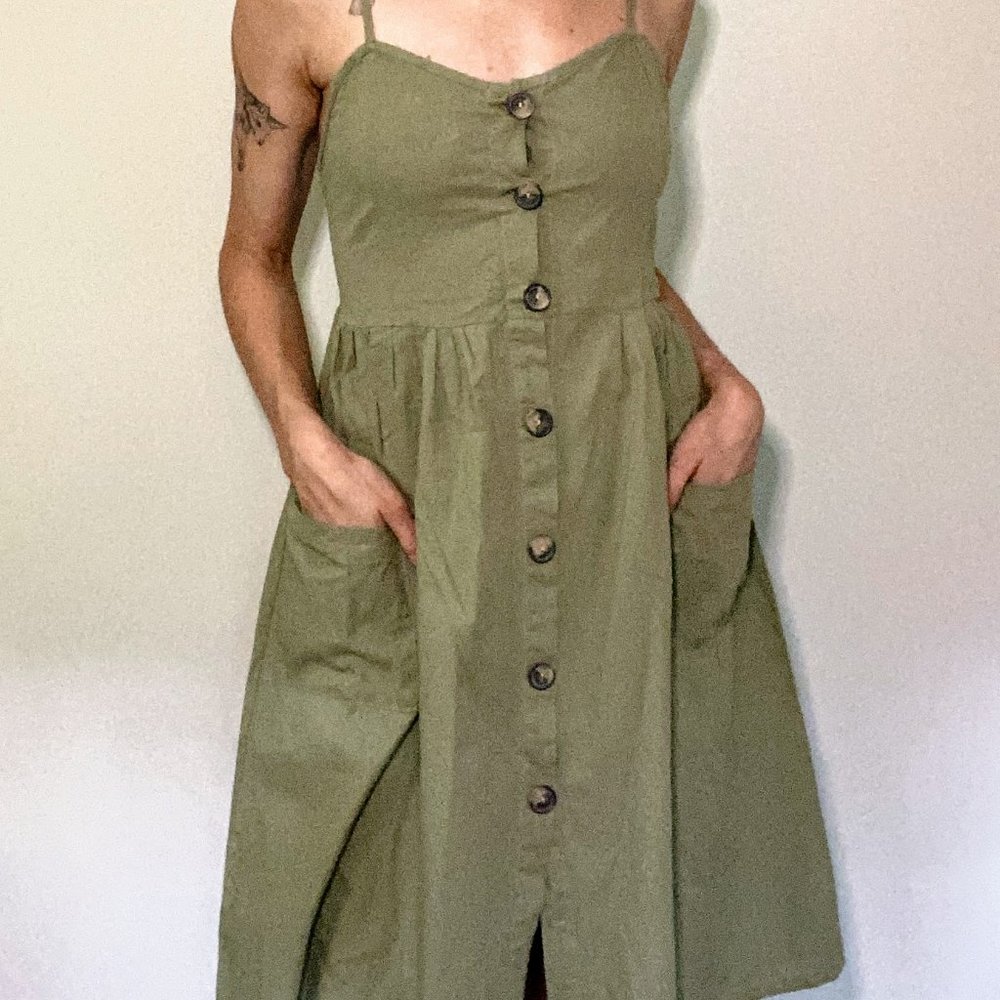 Olive Green Linen Midi Dress - size 0/2